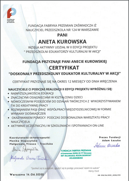 Certyfikat pani Anety